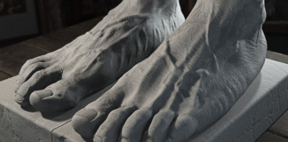 Skluptúra mužských chodidiel zo sadry