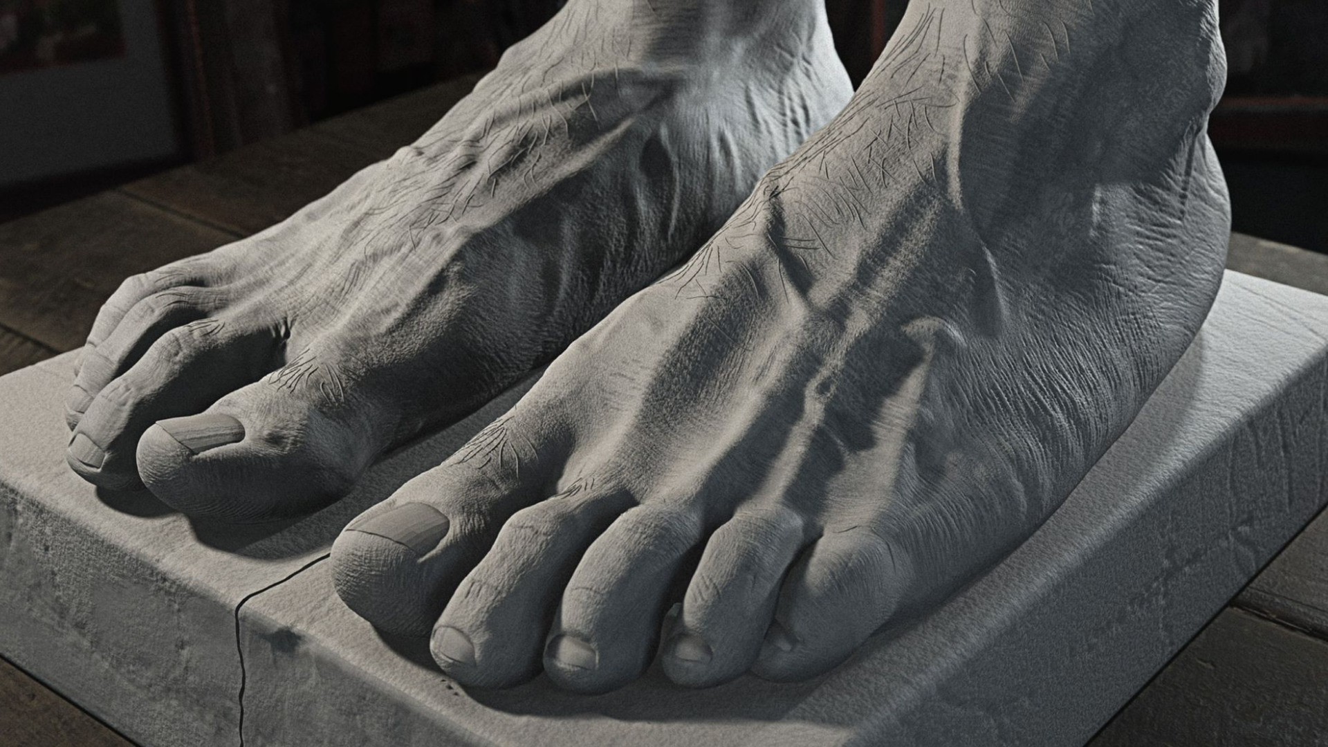 Skluptúra mužských chodidiel zo sadry