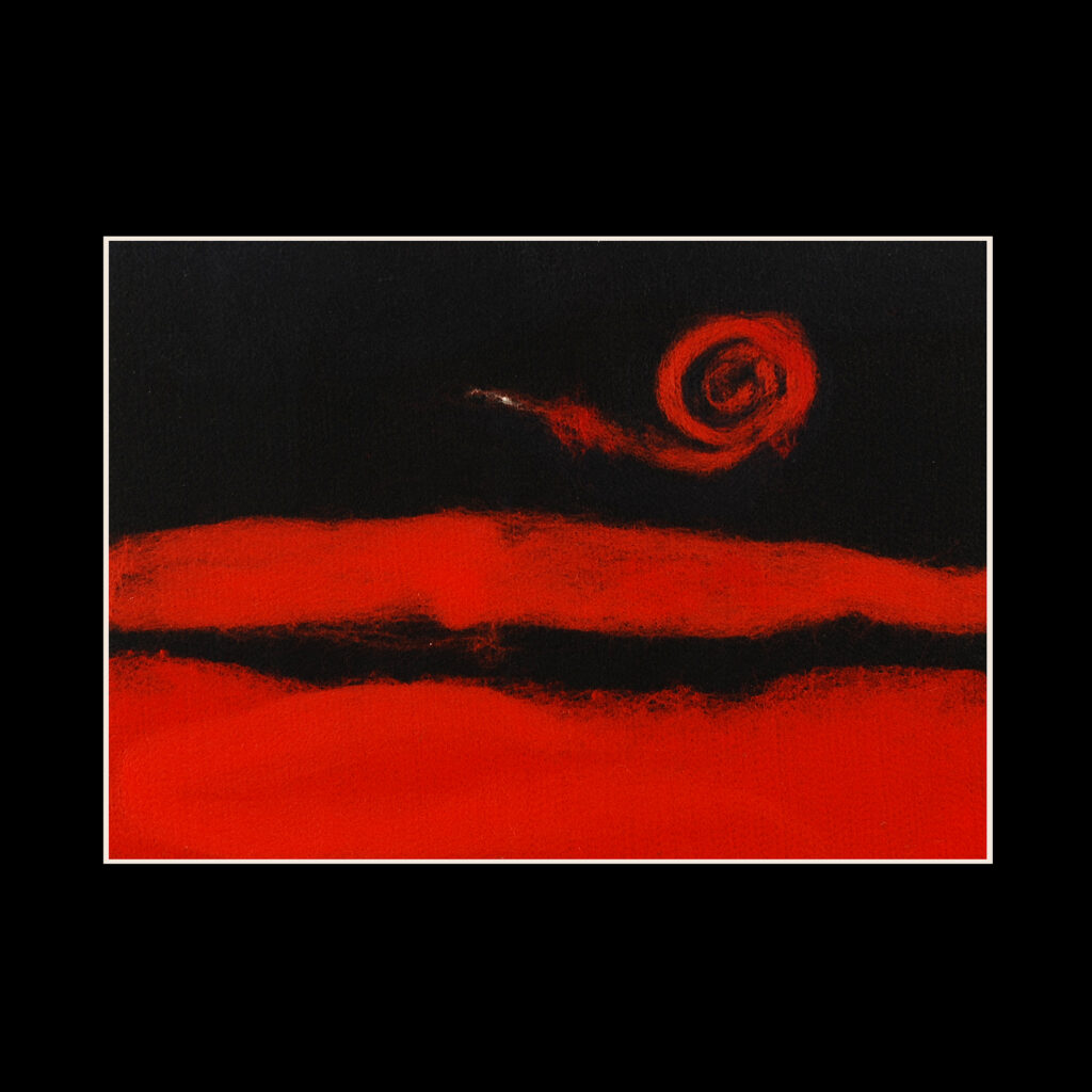 Dve červené línie na čiernom pozadí a červený slimák.