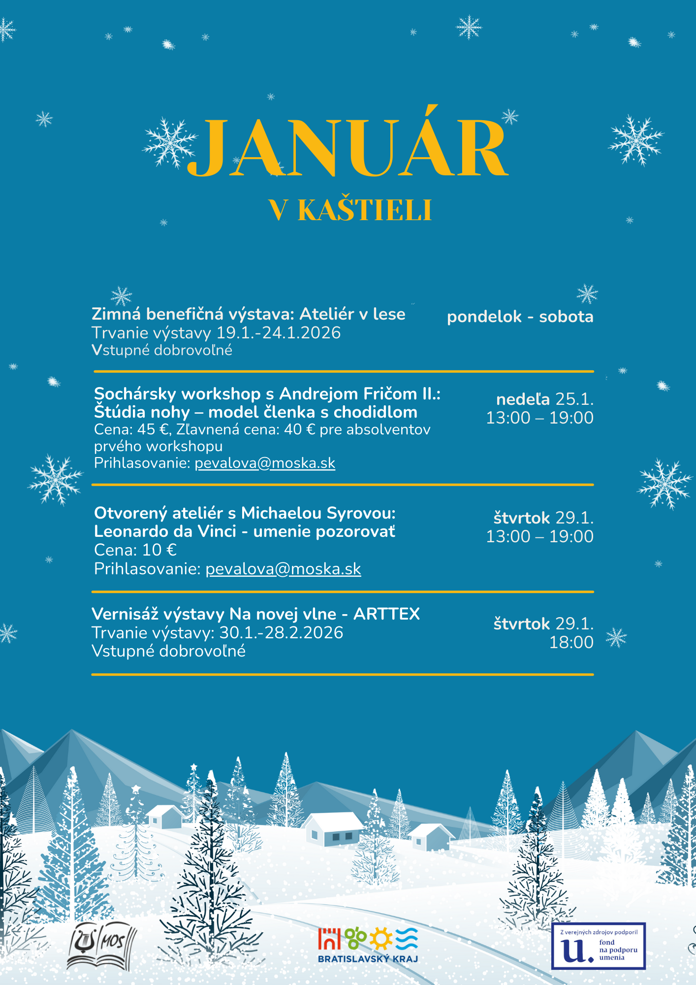 Zasnežená krajina a program Malokarpatského osvetového strediska na rok 2026. 