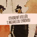 Tri postavy maľované akvarelom s textom Otvorený ateliér s Michaelou Syrovou.