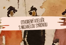 Tri postavy maľované akvarelom s textom Otvorený ateliér s Michaelou Syrovou.