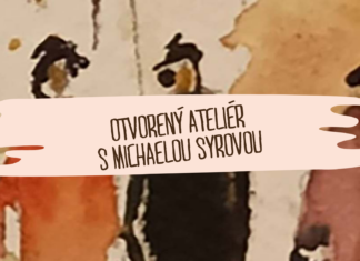 Otvorený ateliér s Michaelou Syrovou: Vasilij Vasilievič Kandinskij – Svet je vnútorný Tri postavy maľované akvarelom s textom Otvorený ateliér s Michaelou Syrovou.