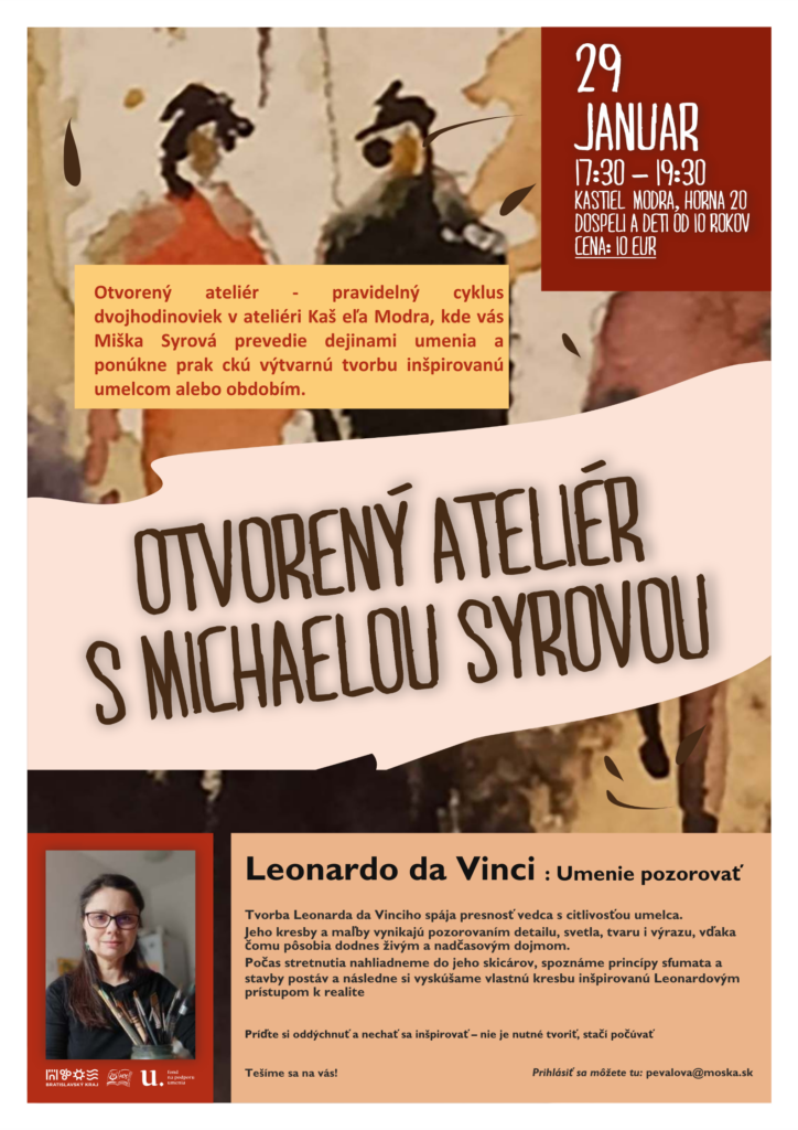 Plagát na podujatie Otvorený ateliér. Na obrázku je maľba troch postáv.