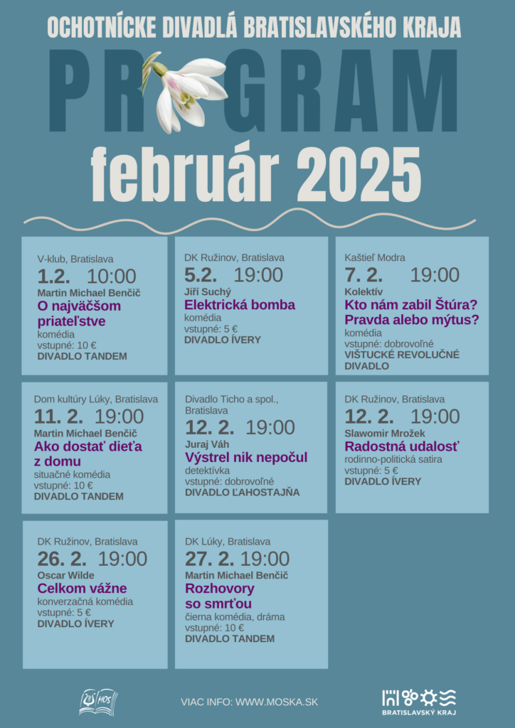 Plagát s termínmi a názvami ochotníckych divadiel tak ako sú vymenované v článku.