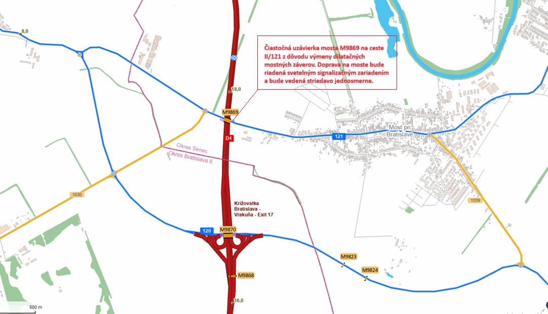 Medzi Vrakuňou a Mostom pri Bratislave čiastočne uzatvorili most nad diaľnicou. Iba jedným pruhom sa má striedavo prechádzať možno až do polovice júna 2026.