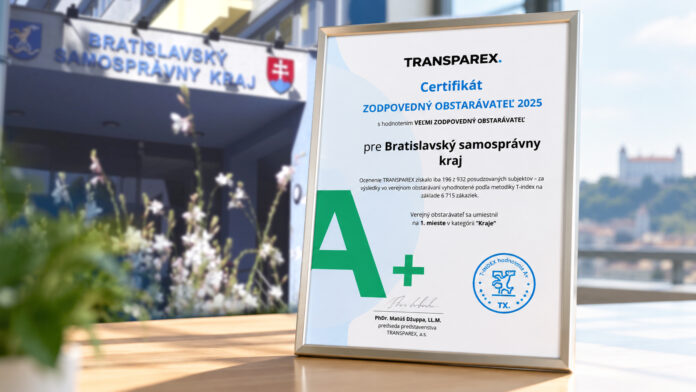 Bratislavský kraj získal najvyššie hodnotenie A+ za transparentnosť verejného obstarávania